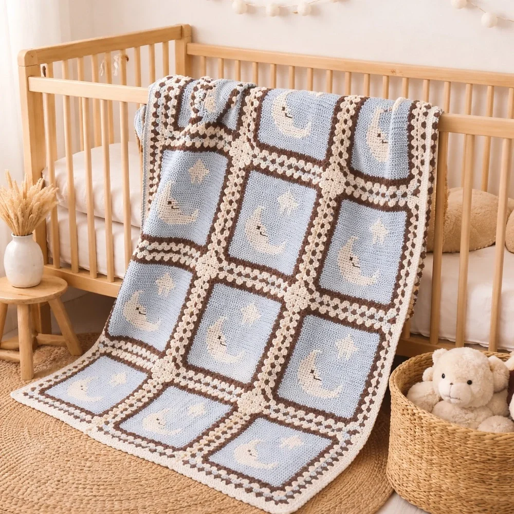 Handmade Granny Square Crochet Baby Blanket Afghan Moon & Stars Blue 40 x 57.5”